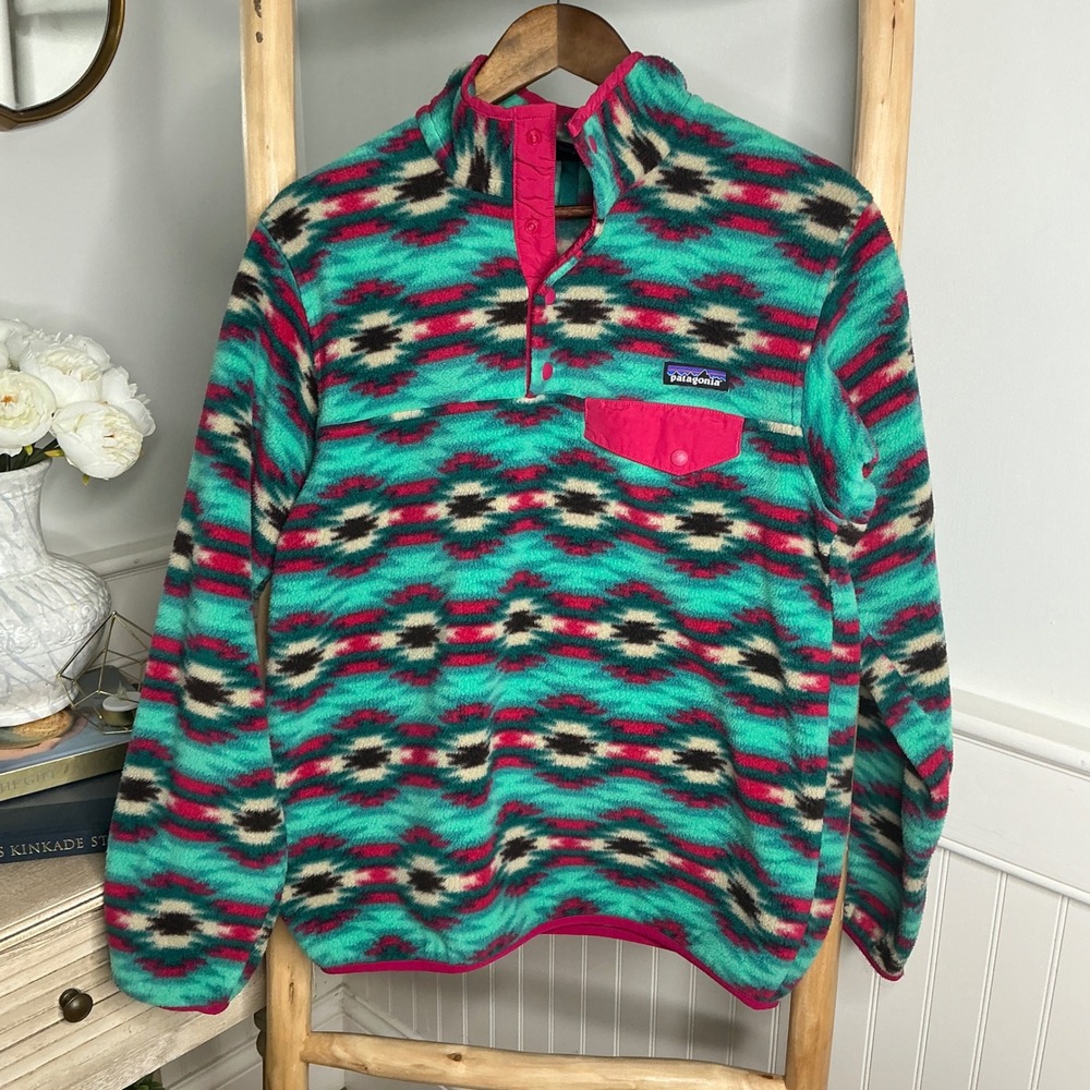 Patagonia Synchilla Snap-T Fleece Pullover Teal Pink Geometric Womens S STY25530